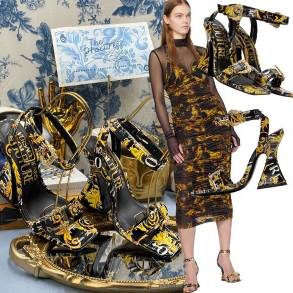 🆕 VERSACE JEANS COUTURE 🧿 NWOB Logo Couture Kirsten Heeled Sandals, Black Sz 8 - Picture 1 of 16